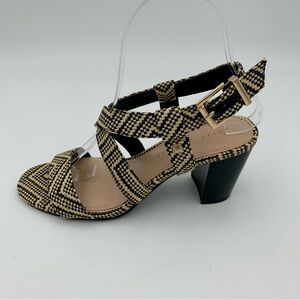 Kelly‎ & Katie Woven Fabric Sandals Women Sz 6 Black Tan Geometric Artsy Strappy